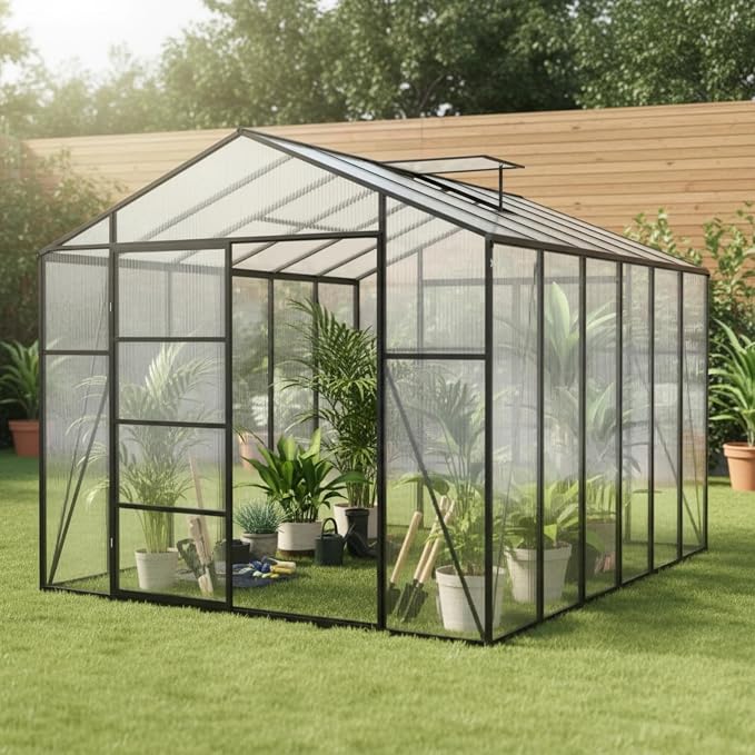 10x12 FT Greenhouse, Walk-in Heavy Duty Polycarbonate Outdoor Greenhouses with Raised Base & Anchor, Drainage System & Height-Enhanced Aluminum Frame for Backyard All Season Growing, Black
