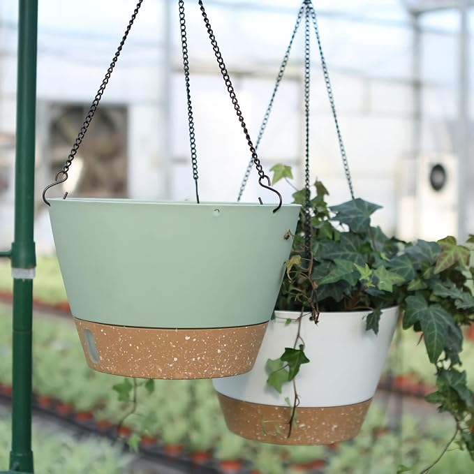 ZMTECH 2 Pack 10 Inch Hanging Baskets for Plants Outdoor Indoor, Modern Green Planters with Water Level Window & Metal Chain for Balcony Patio Garden Home Decor