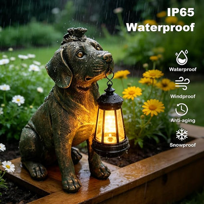 Solar Garden Statue Dog Figurine Decor with Lantern Lights, 11 Inch Outdoor Decoration Solar Dog Sculptures for Outside Patio Lawn Balcony Yard Ornament, Dogs Lover Gifts for Women Mom Birthday