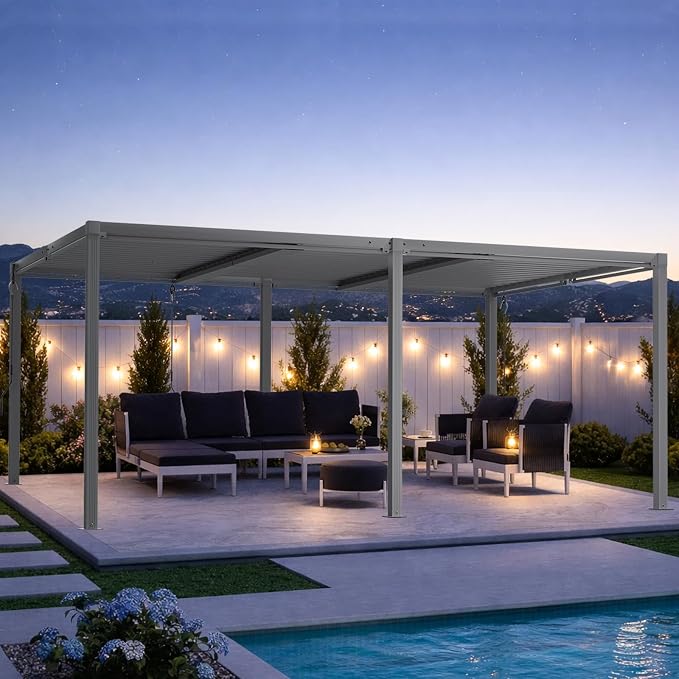 Louvered Pergola 12'x20' Outdoor Pergola with Roof, Heavy Duty Aluminum Frame, Hardtop Gazebo with Adjustable Louvers for Patio, Deck and Backyard, Gray