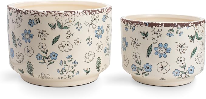 Ice Crack Plant Pots with Drainage, 6 & 7 inch Ceramic Planters for Indoor Outdoor Plants, Set of 2 Vintage Flower Pots, Rustic Tuscan Decor for Gardening, Kitchen Bedroom, Blue & Beige