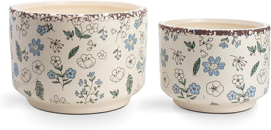 Ice Crack Plant Pots with Drainage, 6 & 7 inch Ceramic Planters for Indoor Outdoor Plants, Set of 2 Vintage Flower Pots, Rustic Tuscan Decor for Gardening, Kitchen Bedroom, Blue & Beige