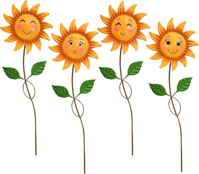 4 Pack Smiley Sunflower Decorative Garden Stakes, 20.5 Inch Metal Flower Garden Stakes for Outside, Yard Art Outdoor Decor for Lawn Planter Porch Patio