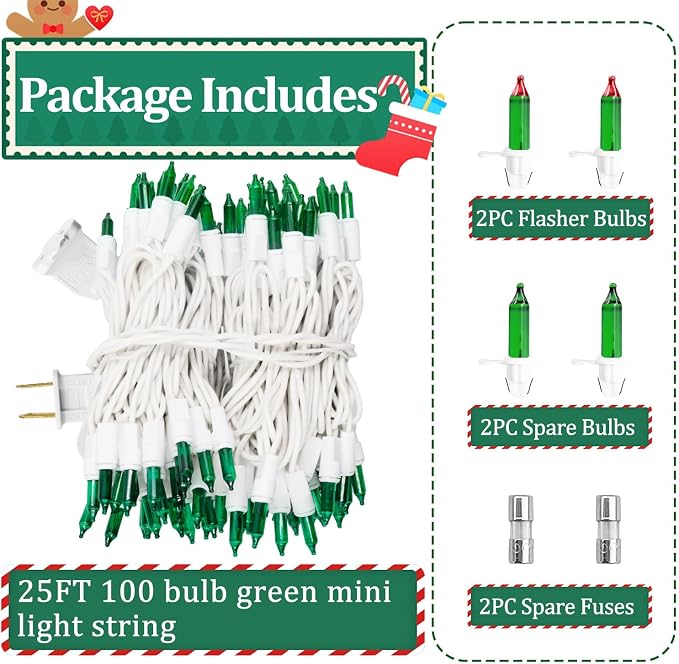 Green Christmas Lights Outdoor, 25FT 100 Count Incandescent Mini Christmas Lights White Wire, Waterproof Fairy Lights, Connectable Xmas String Lights for Christmas Tree, Garland, Wedding Decor