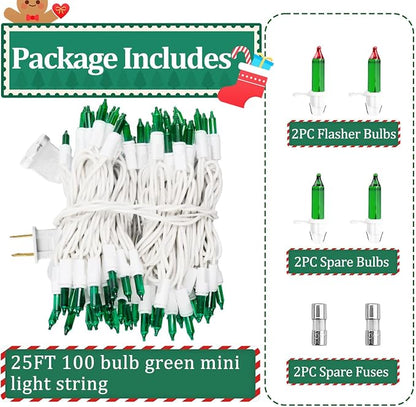 Green Christmas Lights Outdoor, 25FT 100 Count Incandescent Mini Christmas Lights White Wire, Waterproof Fairy Lights, Connectable Xmas String Lights for Christmas Tree, Garland, Wedding Decor