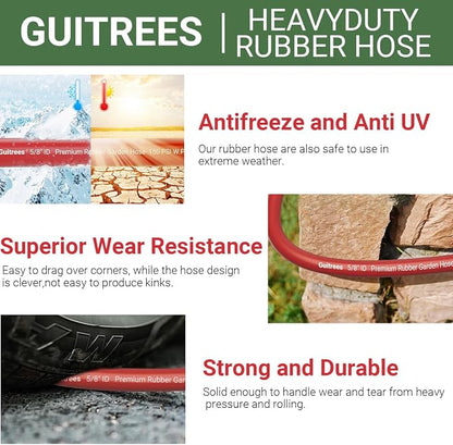 Guitrees 25FT 5/8 Heavy Duty Rubber Garden Hose - 300psi Working, 1000psi Burst - Hot/Cold Water - Five-Layered Braiding for Durability - Versatile for Gardening, Agriculture, Construction(Red)