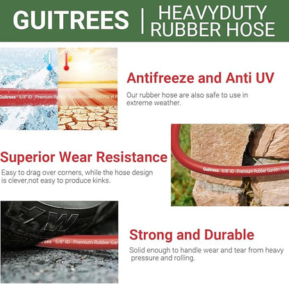 Guitrees 90FT 5/8 Heavy Duty Rubber Garden Hose - 300psi Working, 1000psi Burst - Hot/Cold Water - Five-Layered Braiding for Durability - Versatile for Gardening, Agriculture, Construction(Red)