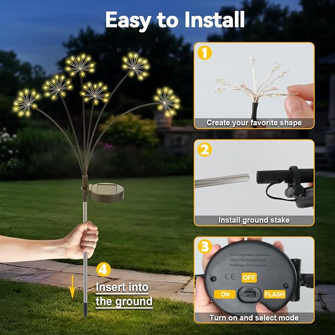 Solar Garden Lights Outdoor, Upgraded Solar Swaying Starburst Light Waterproof with 2 Modes, Solar Fairy Firework Lights for Yard Patio Pathway Flowerbed Balcony Garden Decoration (Warm White, 4 Pack)
