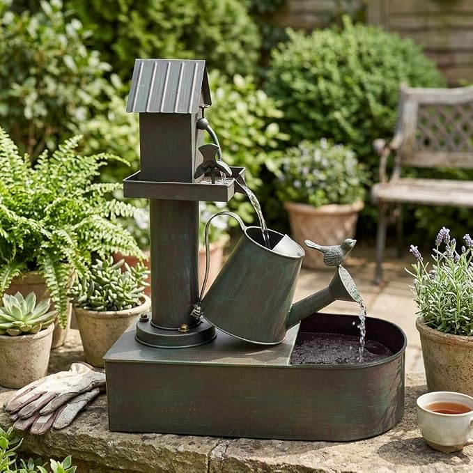 3-Tier Outdoor Fountain 23" Rustic Waterfall Garden Patio Decor | Heavy Duty Rustproof Metal Garden Water Features with Pumb & Debris Filter Screen, Rustic Indoor Outside Soothing Water Flow