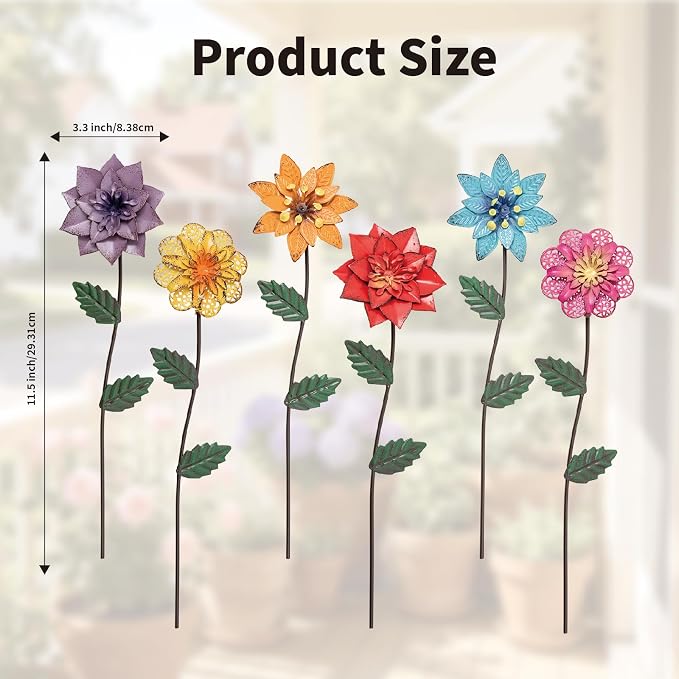 YEAHOME Garden Decor for Outside, 6 Pack Flower Garden Stakes Outdoor Decor Metal Shaking Head Yard Art, Weather Proof Flower Stakes for Yard Porch Lawn Pathway Pot Decorations(Multi-Color)