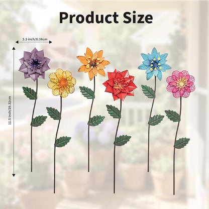 YEAHOME Garden Decor for Outside, 6 Pack Flower Garden Stakes Outdoor Decor Metal Shaking Head Yard Art, Weather Proof Flower Stakes for Yard Porch Lawn Pathway Pot Decorations(Multi-Color)