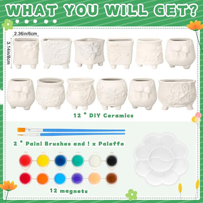 Hushee 12 Sets Ceramic Succulent Planters Paintable Succulent Plant Pots Small DIY Figurines Unpainted Pots with Drainage Hole Color Paints Paintbrushes Palettes