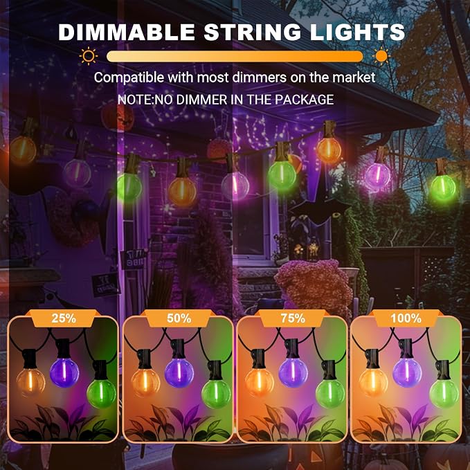 LAMPHOME LED Outdoor String Light, 26Feet Patio Lights with 12+1Edison Shatterproof Bulbs(1Spare), UL Waterproof Outside Lights connectable Dimmable for Backyard Porch Decor,Orange/Purple/Green
