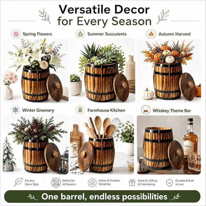 Sunmuliiiy1Pcs Wood Wine Barrel Vase 8" x 6.5" Rustic Wooden Flower Vase Rustic Barrel Barrel Planter for Wedding Reception Table Decoration Home Indoor Outdoor Garden, Kitchen, Party Table Decoration