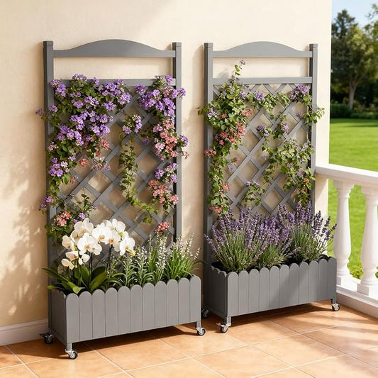 COMHOMA 2 Pack Planter Box with Trellis and Wheels, 48In Elevated Raised Garden Bed, Drainage Holes, Outdoor Lattice for Climbing Flowers, Vegetables, Patio Balcony, Gray