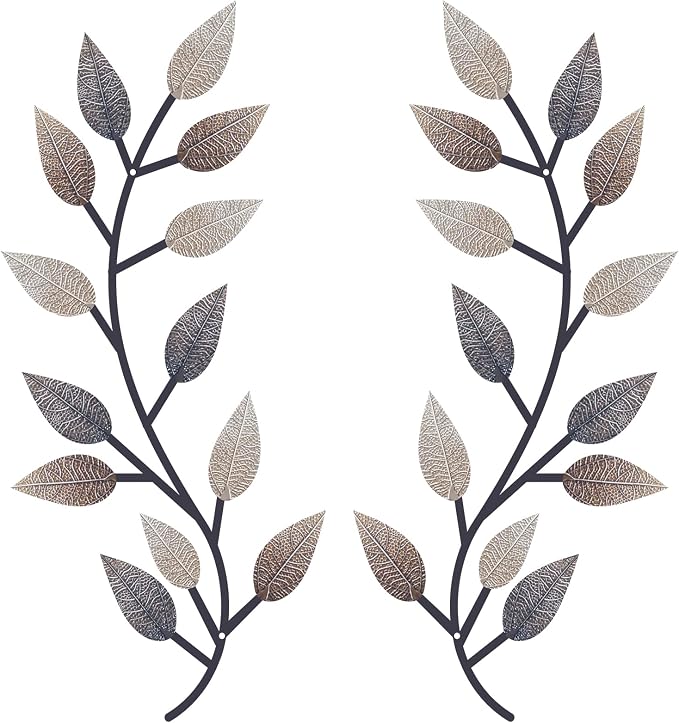 Zhengmy 2 Pieces Metal Tree Leaf Wall Decor Vine Olive Branch Leaf Wall Art Living Room, Hallway Wall Decor Outdoor Decoration(Vintage Brown)