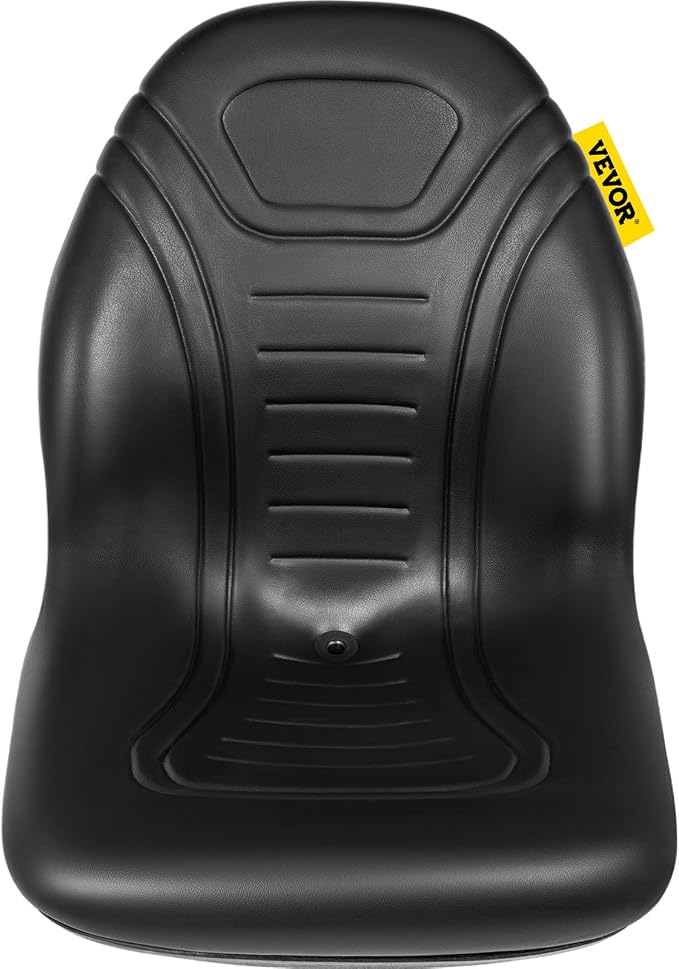 VEVOR Universal Lawn Tractor Seat Replacement, Compact High Back Mower Seat, Black Vinyl Forklift Seat, Central Drain Hole Skid Steer Seat with Mounting Bolt Patterns of 8" x 11.5" & 11.25" x 11.5"