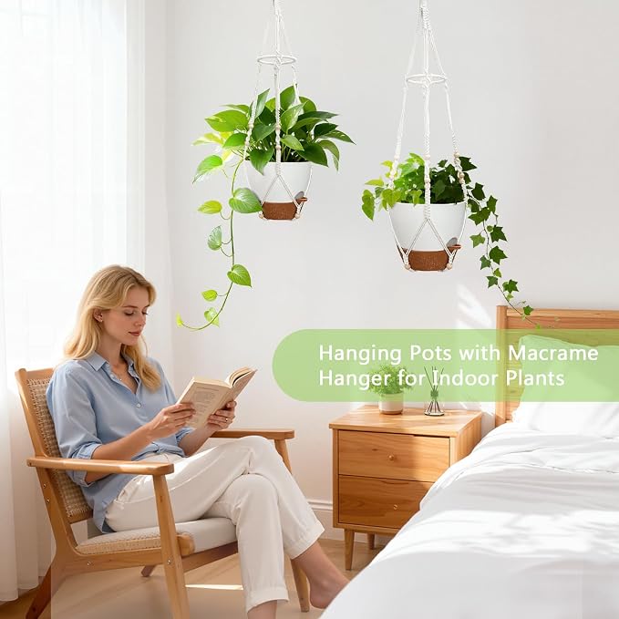 2 Pack Self Watering Hanging Planters with Grow Light for Indoor Plants | 10 Brightness, 3 Light Modes, 3/9/12H Timer, Built-In Reservoir, Drainage Holes, 10 in Pots