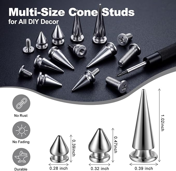 170 Pair Multiple Sizes Cone Spikes Screwback Studs for Clothing Large Medium Small Metal Tree Studs for Punk Rock Style Accessories DIY Leather Crafts Dog Collar(Silver)