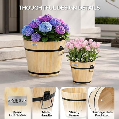 VINGLI 3 PCS Large Wooden Planter Barrel Set, 11.5"(Dia)- 18"(Dia), Real Wood Flower Pot with Drainage Holes, Different Sizes, Large Garden Container Box, Indoor & Outdoor (Honey)