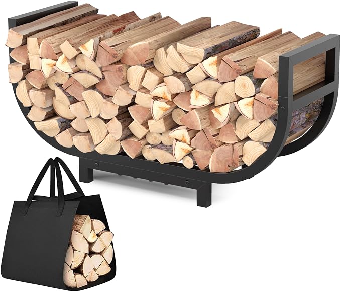 34-inch Firewood Rack Outdoor Indoor with Log Carrier Bag, Stable Log Holder Rustproof Metal Wood Rack for Fireplace Patio Deck Firepit, Heavy Duty Firewood Storage Organizer Tool, Black