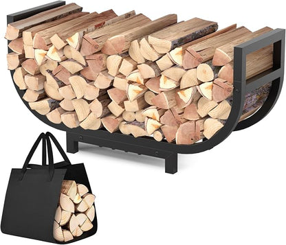 34-inch Firewood Rack Outdoor Indoor with Log Carrier Bag, Stable Log Holder Rustproof Metal Wood Rack for Fireplace Patio Deck Firepit, Heavy Duty Firewood Storage Organizer Tool, Black