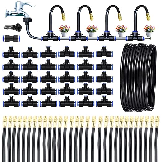 98Ft Greenhouse Drip Irrigation Kit Automatic Irrigation System 360°Adjustable 30 Brass Spray Nozzles 1/2'' Irrigation Tubing Hose Patio Misting Plant Watering with Blank Distribution Tubing Hose