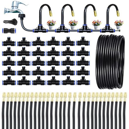 98Ft Greenhouse Drip Irrigation Kit Automatic Irrigation System 360°Adjustable 30 Brass Spray Nozzles 1/2'' Irrigation Tubing Hose Patio Misting Plant Watering with Blank Distribution Tubing Hose