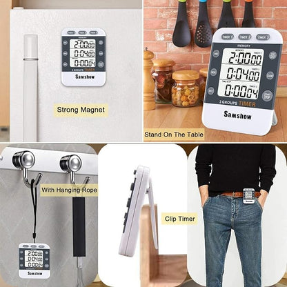 Samshow Digital Kitchen Timer, 3 Channels | Count UP/Down, Large Display, Adjustable Volume Alarm, Magnetic Back, Stand, Battery Included