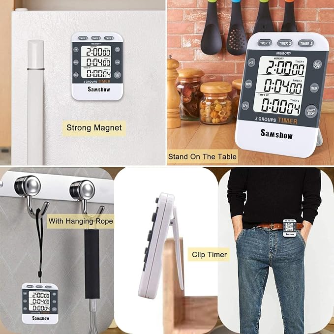 (2 Pack) Digital Kitchen Timers for Cooking Triple Timer Count UP/Down Dual Timer Large LCD Display, Adjustable Volume Loud Alarm, Magnetic Stopwatch, Battery Included White