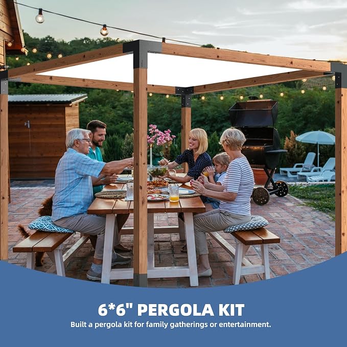 TOCRETOARE Pergola Kit, 4 Pack Woodworks Pergola Brackets 6" x 6" (Actual: 5.5x5.5 Inch), 3-Way Right Angle Corner Brackets, Powder-Coated Pergola Hardware, for Lumber Pergola Gazebo