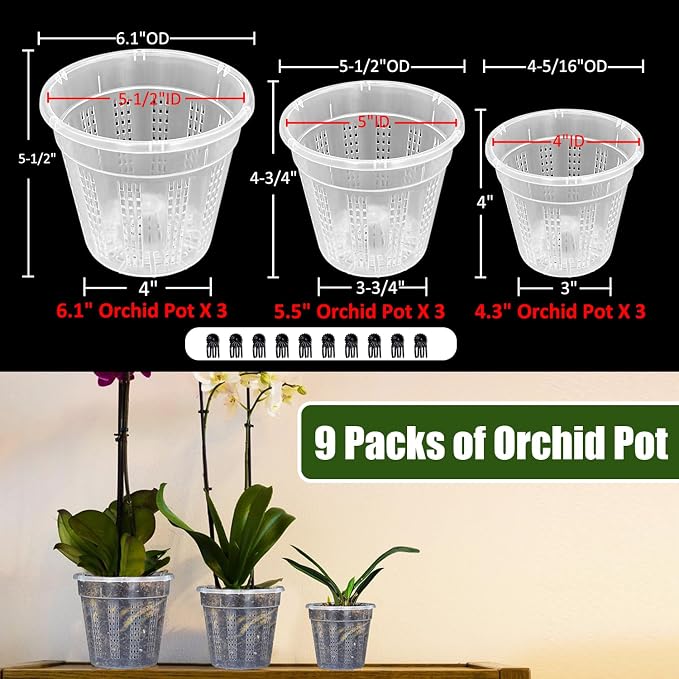 Orchid Pot, 3 Each of 4.3",5.5",6.1" Orchid Pots with Holes, 9 Pack Plastic Planter for Indoor Outdoor Plants (3 Each of 4.3",5.5",6.1")