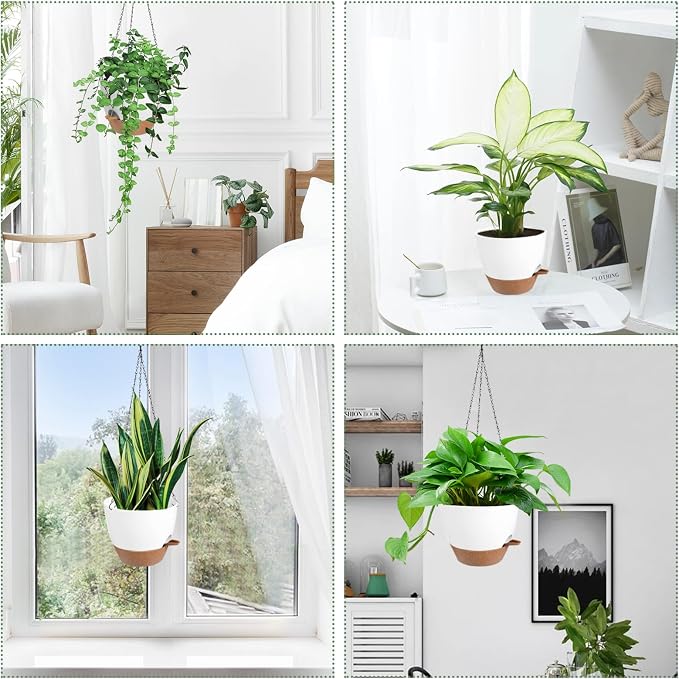 Vanslogreen Hanging Planters for Indoor Outdoor Plants, 2 Pack Self Watering Hanging Pot with Drainage Holes & Removable Tray (White, 6'')