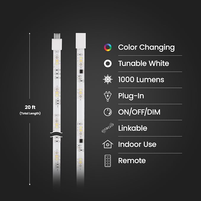Feit Electric 20ft Chasing & Tunable White LED Tape Light, RGB Colors, Dimmable, Cut-to-Size, Linkable Up to 40ft, Remote Control, Indoor/Outdoor Plug-in Light Strip, Slim 0.4in Width, TAPE240/CHASE