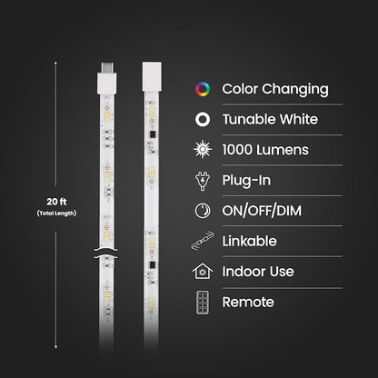 Feit Electric 20ft Chasing & Tunable White LED Tape Light, RGB Colors, Dimmable, Cut-to-Size, Linkable Up to 40ft, Remote Control, Indoor/Outdoor Plug-in Light Strip, Slim 0.4in Width, TAPE240/CHASE