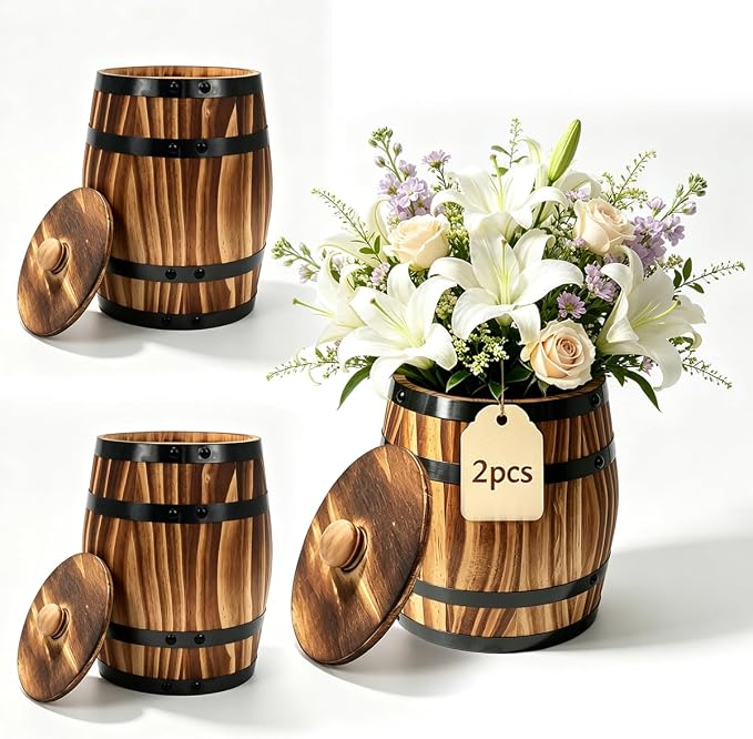 Sunmuliiiy2Pcs Wood Wine Barrel Vase 8" x 6.5" Rustic Wooden Flower Vase Rustic Barrel Barrel Planter for Wedding Reception Table Decoration Home Indoor Outdoor Garden, Kitchen, Party Table Decoration