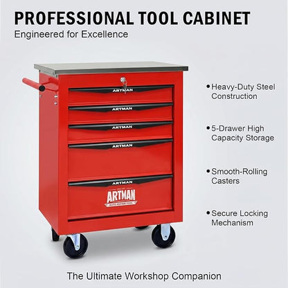 5-Drawer Rolling Tool Chest, Lockable Stainless Worktop for Garage, Red | Heavy Duty Metal Tool Cabinet with Drawers on Wheels for Warehouse and Workshop Storage