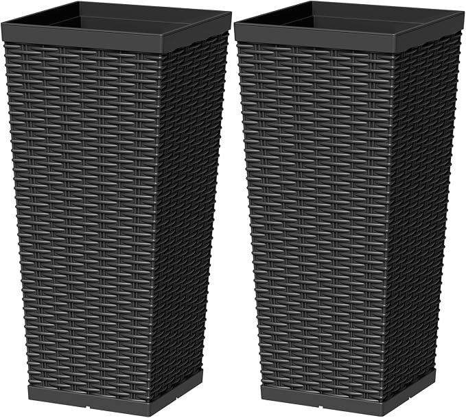 Greesum 24 Inch Tall Plastic Planters with Rattan Texture – Set of 2, Detachable Inner Pot & Drainage Holes, Indoor/Outdoor Decorative Flower Pots for Large Plants, Trees, Patio, and Garden, Black