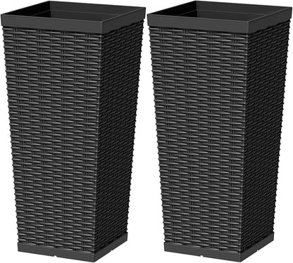 Greesum 24 Inch Tall Plastic Planters with Rattan Texture – Set of 2, Detachable Inner Pot & Drainage Holes, Indoor/Outdoor Decorative Flower Pots for Large Plants, Trees, Patio, and Garden, Black