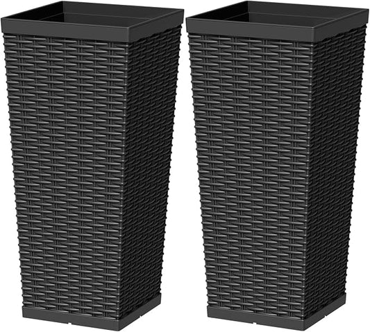 Greesum 24 Inch Tall Plastic Planters with Rattan Texture – Set of 2, Detachable Inner Pot & Drainage Holes, Indoor/Outdoor Decorative Flower Pots for Large Plants, Trees, Patio, and Garden, Black