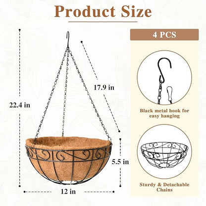 4 Pack Hanging Planter for Outdoor Plants 12 inch Metal Hanging Flower Basket with Coco Coir Liner Round Wire Plant Holder Chain Flower Pots Outdoor Garden Decoration Watering Hanging Baskets（HB）
