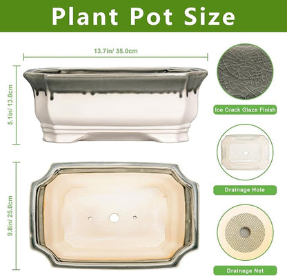 Bonsai Tree Pots 13.7 Inch - Ceramic Succulent Pots for Indoor Outdoor Plants, Bonsai Planter with Drainage Hole, Shallow Plant Pot, Home Decor, Gifts for Men Women, Rectangular Beige-Grey