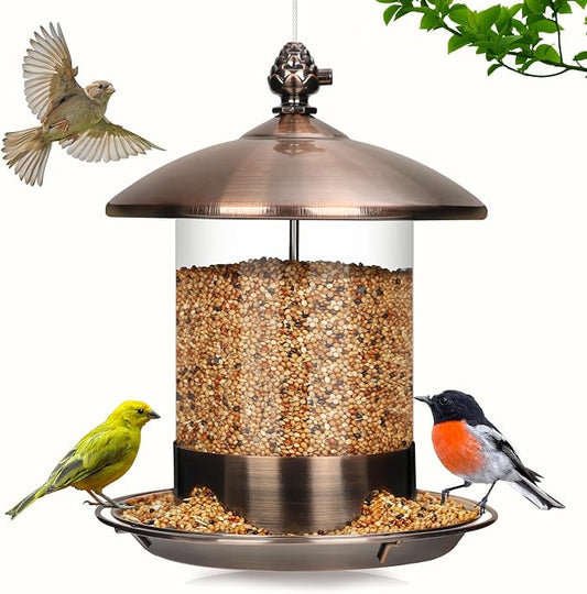 Gbekery Metal Bird Feeders for Outdoors Hanging, Weather Resistant Wild Bird Feeder with 360 Degree Feeding Tray, Copper