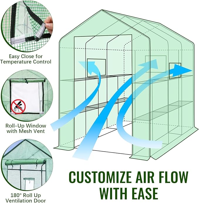 Greengro Greenhouse, 57 x 85 x 76'' Greenhouses for Outdoors, Portable Greenhouse with Mesh Side Windows, PE Cover, 8 Shelves, Heavy Duty Walk in Green House for Backyard Garden Indoor Outside, Green