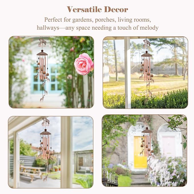 35" Giraffe Wind Chimes for Outside, Rustic Copper Mother & Baby Giraffe Silhouette Decor with 6 Pendants - Elegant Memorial Windchime - Heartwarming Gift for Mom & Animal Lovers
