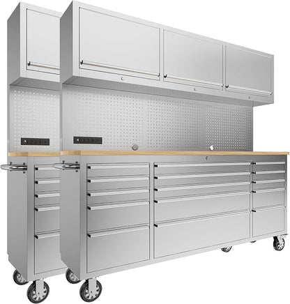 CHETTO C 72-inch Rolling Tool Chest Cabinet Mobile Workbench with 15 Storage Drawers and Wheels 3 Uper Cabinet Outlet SS Pegboard Stainless Steel Tool Box for Garage 2 Pack