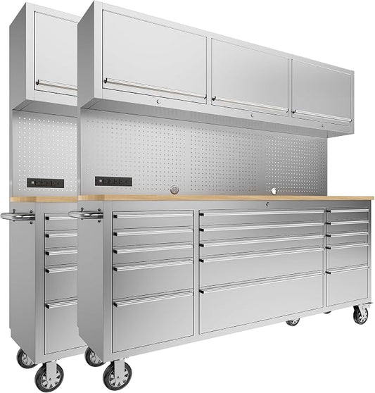 CHETTO C 72-inch Rolling Tool Chest Cabinet Mobile Workbench with 15 Storage Drawers and Wheels 3 Uper Cabinet Outlet SS Pegboard Stainless Steel Tool Box for Garage 2 Pack
