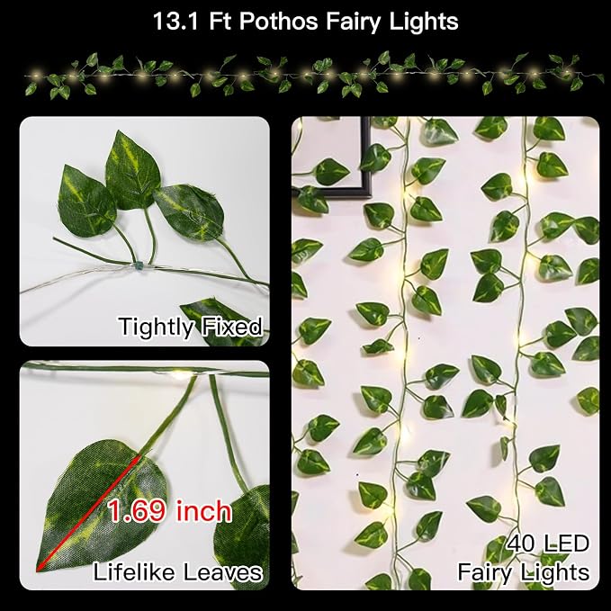 suddus Vine with Fairy Lights Battery Operated, 13.1ft 40 LED Pothos String Lights with Remote, Leaf Lights for Bedroom, Room, Wall, Garden, Party, Wedding Dorm Decor(Warm White)