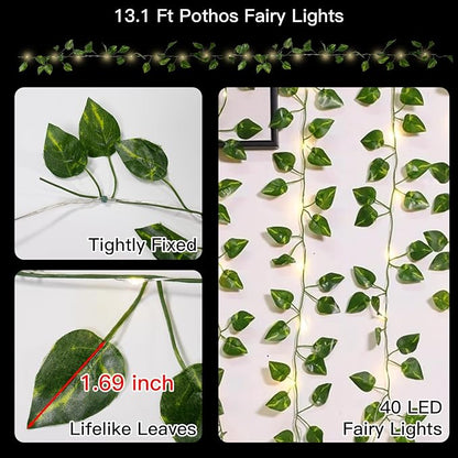 suddus Vine with Fairy Lights Battery Operated, 13.1ft 40 LED Pothos String Lights with Remote, Leaf Lights for Bedroom, Room, Wall, Garden, Party, Wedding Dorm Decor(Warm White)