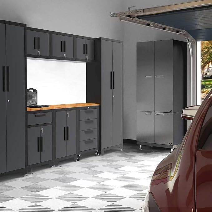 Torin Garage Cabinets Storage System, 9-Pcs Workshop Cabinet Set in Black | Included Steel Drawers Rolling Chest,Locked Storage Cabinet, Perfect for Organizing Garage and Tools, Black/Grey